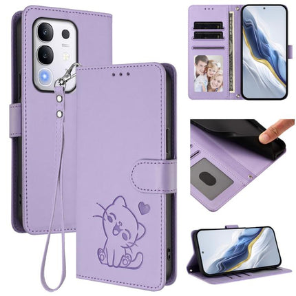 Embossed Heart Cat Leather Phone Case with Hand Strap, For vivo iQOO Z10x / Y29 4G / T4x / Y300t, For vivo V50 / vivo V50e