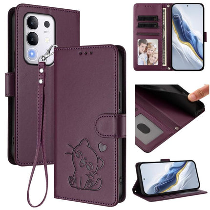 Embossed Heart Cat Leather Phone Case with Hand Strap, For vivo iQOO Z10x / Y29 4G / T4x / Y300t, For vivo V50 / vivo V50e