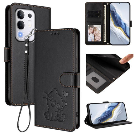 Embossed Heart Cat Leather Phone Case with Hand Strap, For vivo iQOO Z10x / Y29 4G / T4x / Y300t, For vivo V50 / vivo V50e