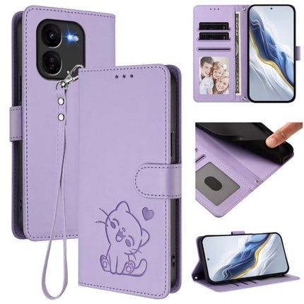 Embossed Heart Cat Leather Phone Case with Hand Strap, For vivo Y38 / vivo T3x Global, For vivo iQOO Z9x