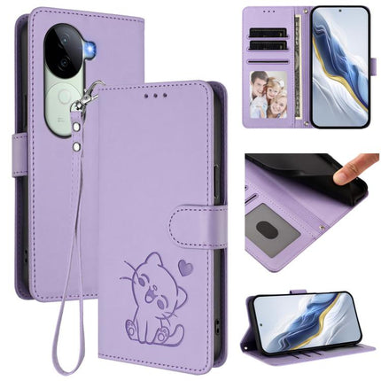 Embossed Heart Cat Leather Phone Case with Hand Strap, For vivo Y100 4G IDN / V30 Lite 4G / V30 SE, For vivo iQOO Z9s / vivo V40e