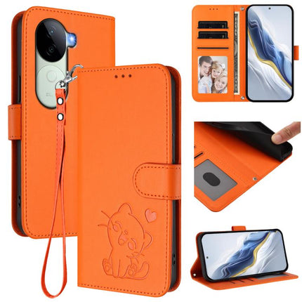 Embossed Heart Cat Leather Phone Case with Hand Strap, For vivo Y100 4G IDN / V30 Lite 4G / V30 SE, For vivo iQOO Z9s / vivo V40e