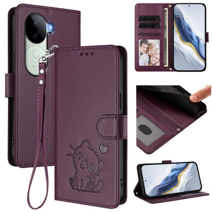 Embossed Heart Cat Leather Phone Case with Hand Strap, For vivo Y100 4G IDN / V30 Lite 4G / V30 SE, For vivo iQOO Z9s / vivo V40e