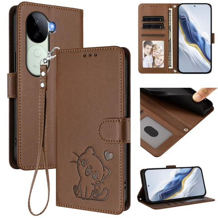 Embossed Heart Cat Leather Phone Case with Hand Strap, For vivo Y100 4G IDN / V30 Lite 4G / V30 SE, For vivo iQOO Z9s / vivo V40e