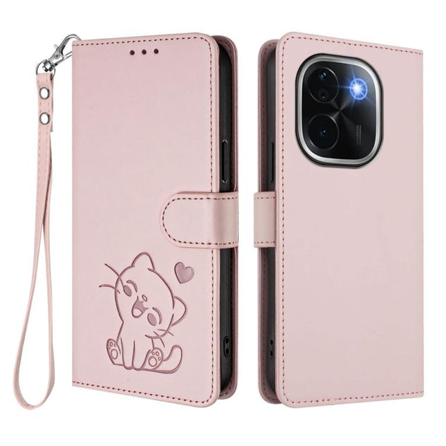 Embossed Heart Cat Leather Phone Case with Hand Strap, For vivo iQOO Z9s Pro / vivo T3 Pro 5G, For vivo V40 Lite 5G / vivo V30e