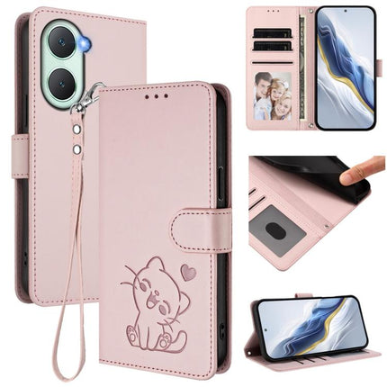 Embossed Heart Cat Leather Phone Case with Hand Strap, For vivo S19 Pro / V40 / V40 Pro / T3 Ultra, For vivo iQOO Z9 Lite / Y18 / Y28s / Y37m 5G