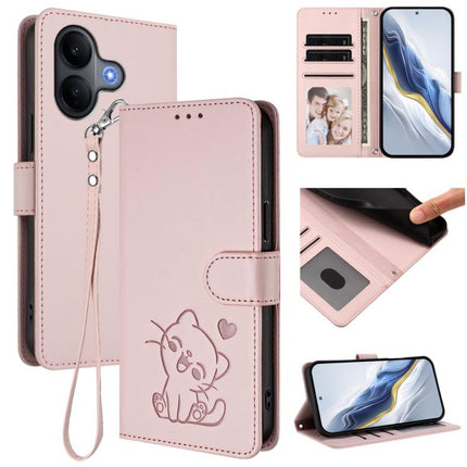 Embossed Heart Cat Leather Phone Case with Hand Strap, For vivo X300 Ultra, For vivo V60 Lite 5G Global