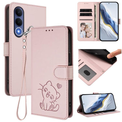 Embossed Heart Cat Leather Phone Case with Hand Strap, For vivo Y21 5G 2026 / vivo Y05 4G, For vivo V70 FE 5G