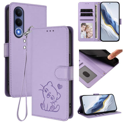 Embossed Heart Cat Leather Phone Case with Hand Strap, For vivo Y21 5G 2026 / vivo Y05 4G, For vivo V70 FE 5G