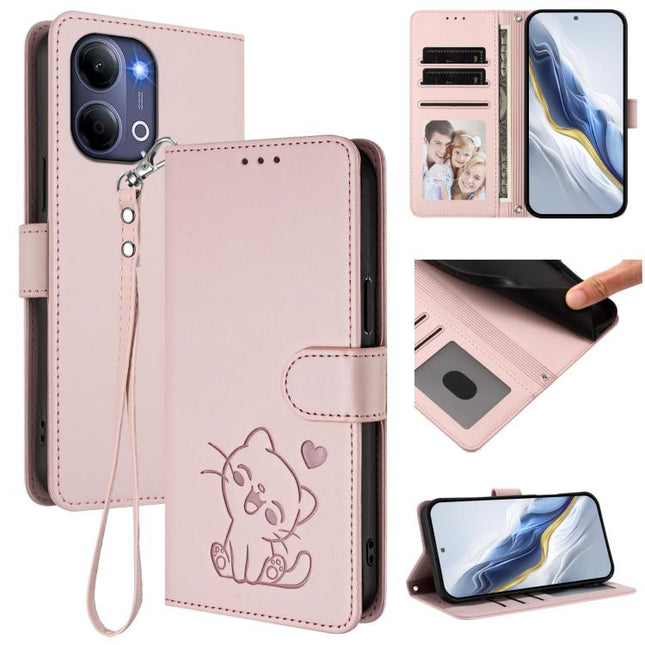 Embossed Heart Cat Leather Phone Case with Hand Strap, For vivo Y21 5G 2026 / vivo Y05 4G, For vivo V70 FE 5G