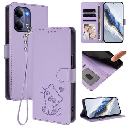 Embossed Heart Cat Leather Phone Case with Hand Strap, For vivo Y21 5G 2026 / vivo Y05 4G, For vivo V70 FE 5G