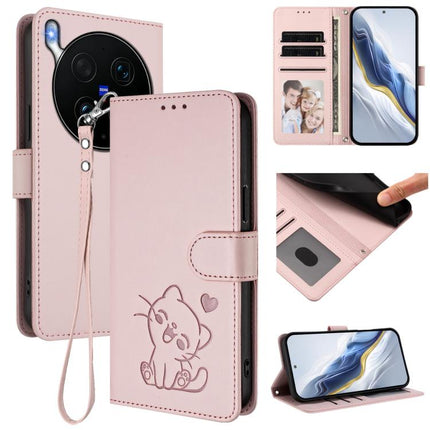 Embossed Heart Cat Leather Phone Case with Hand Strap, For vivo X300 Ultra, For vivo V60 Lite 5G Global