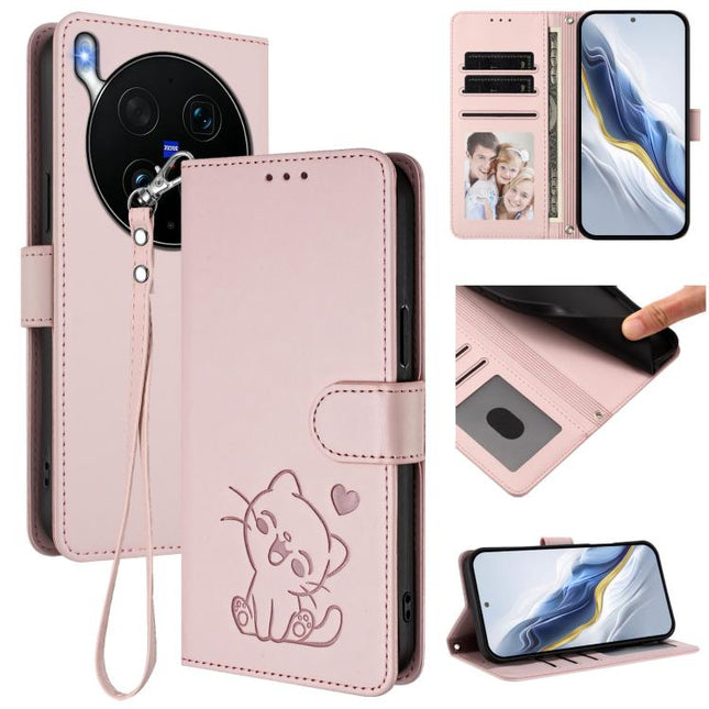 Embossed Heart Cat Leather Phone Case with Hand Strap, For vivo X300 Ultra, For vivo V60 Lite 5G Global