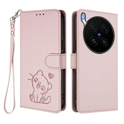 Embossed Heart Cat Leather Phone Case with Hand Strap, For vivo X300 Ultra, For vivo V60 Lite 5G Global