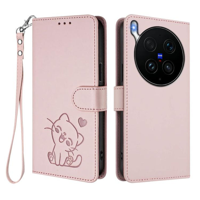 Embossed Heart Cat Leather Phone Case with Hand Strap, For vivo X300 Ultra, For vivo V60 Lite 5G Global