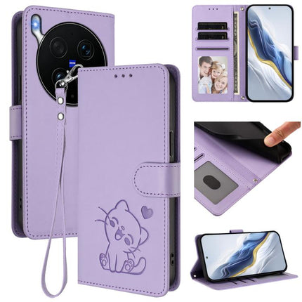 Embossed Heart Cat Leather Phone Case with Hand Strap, For vivo X300 Ultra, For vivo V60 Lite 5G Global