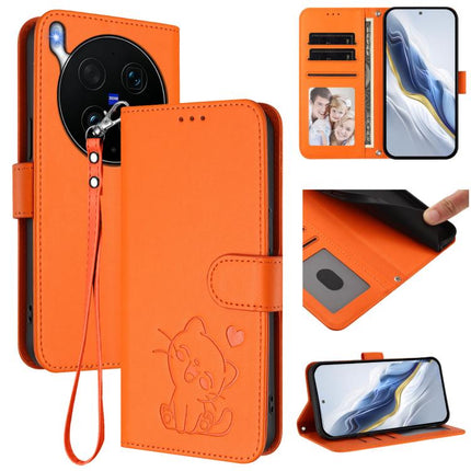 Embossed Heart Cat Leather Phone Case with Hand Strap, For vivo X300 Ultra, For vivo V60 Lite 5G Global