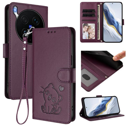 Embossed Heart Cat Leather Phone Case with Hand Strap, For vivo X300 Ultra, For vivo V60 Lite 5G Global