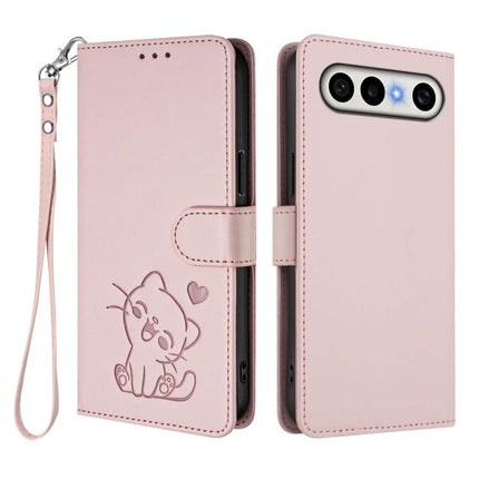 Embossed Heart Cat Leather Phone Case with Hand Strap, For vivo X300 FE 5G / S50 Pro mini 5G, For vivo X300s