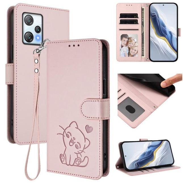 Embossed Heart Cat Leather Phone Case with Hand Strap, For Blackview A53