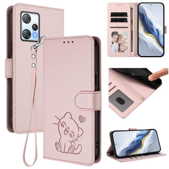 Embossed Heart Cat Leather Phone Case with Hand Strap, For Blackview A53