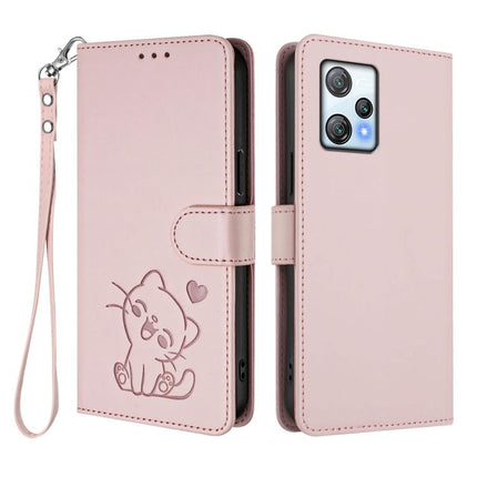 Embossed Heart Cat Leather Phone Case with Hand Strap, For Blackview A53