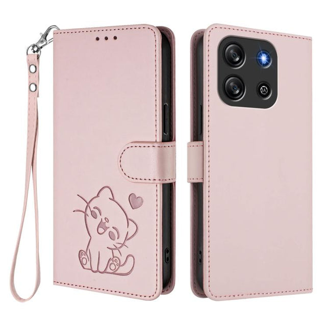 Embossed Heart Cat Leather Phone Case with Hand Strap, For Blackview Oscal Flat 1C, For Blackview Wave 6C