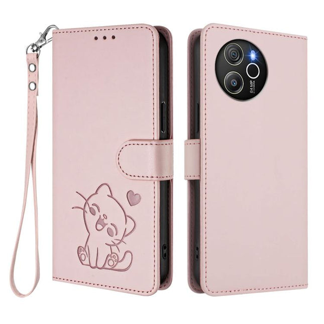 Embossed Heart Cat Leather Phone Case with Hand Strap, For Blackview Shark 8 / Oscal Tiger 12, For Blackview A52 / A52 Pro