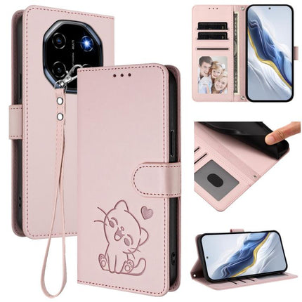 Embossed Heart Cat Leather Phone Case with Hand Strap, For Blackview Oscal Flat 2 / 2C, For Blackview SHARK 6