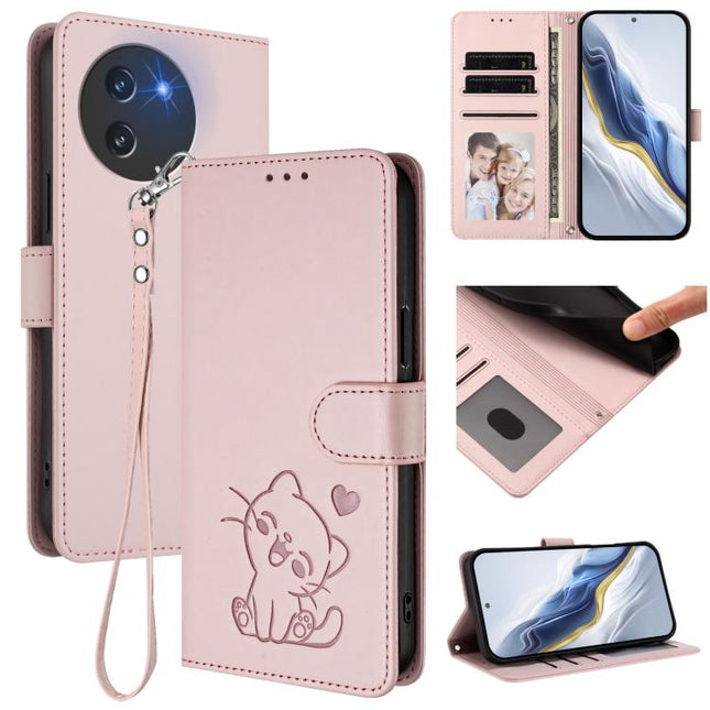 Embossed Heart Cat Leather Phone Case with Hand Strap, For Doogee Note 59 / Note 59 Pro, For Doogee Note 58 / Note 58 Pro