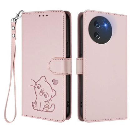 Embossed Heart Cat Leather Phone Case with Hand Strap, For Doogee Note 59 / Note 59 Pro, For Doogee Note 58 / Note 58 Pro