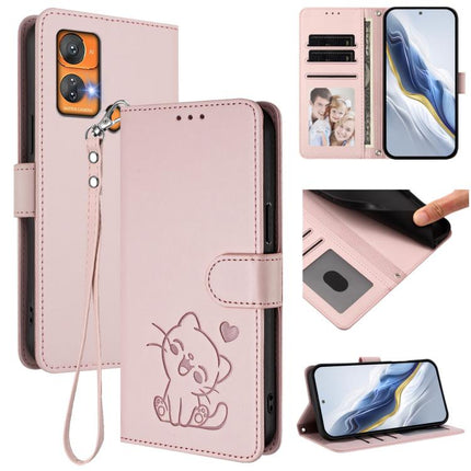 Embossed Heart Cat Leather Phone Case with Hand Strap, For Oukitel C35, For Oukitel C33