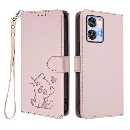 Embossed Heart Cat Leather Phone Case with Hand Strap, For Oukitel C35, For Oukitel C33