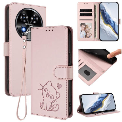 Embossed Heart Cat Leather Phone Case with Hand Strap, For Oukitel C50, For Oukitel C37