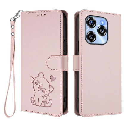 Embossed Heart Cat Leather Phone Case with Hand Strap, For Oukitel C50, For Oukitel C37