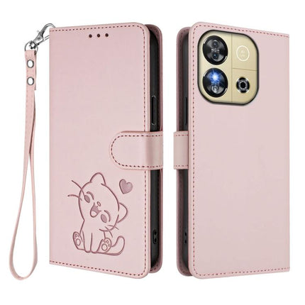 Embossed Heart Cat Leather Phone Case with Hand Strap, For Oukitel C57S / C57 Pro / Blu J12, For Oukitel C53