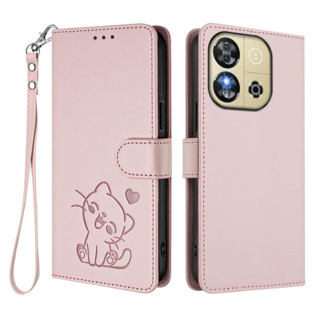 Embossed Heart Cat Leather Phone Case with Hand Strap, For Oukitel C57S / C57 Pro / Blu J12, For Oukitel C53