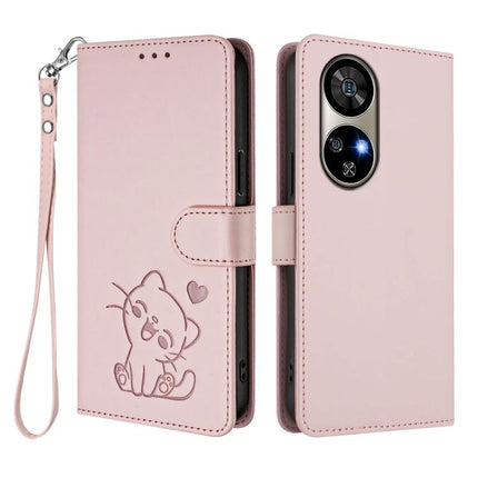 Embossed Heart Cat Leather Phone Case with Hand Strap, For Ulefone Note 17 Pro, For Ulefone Note 16 Pro