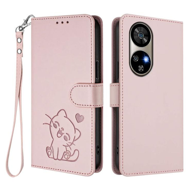 Embossed Heart Cat Leather Phone Case with Hand Strap, For Ulefone Note 17 Pro, For Ulefone Note 16 Pro