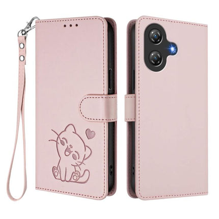 Embossed Heart Cat Leather Phone Case with Hand Strap, For Ulefone Note 21, For Ulefone Note 18 Ultra / 18 Pro