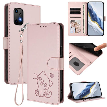 Embossed Heart Cat Leather Phone Case with Hand Strap, For Umidigi G9 5G / Note 9 5G, For Umidigi Bison X20