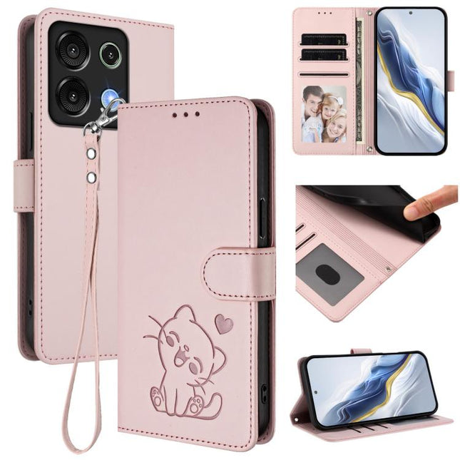 Embossed Heart Cat Leather Phone Case with Hand Strap, For Umidigi G9 5G / Note 9 5G, For Umidigi Bison X20