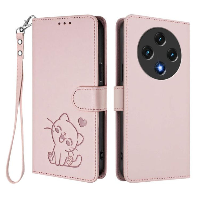 Embossed Heart Cat Leather Phone Case with Hand Strap, For Umidigi G100, For Umidigi Note 100