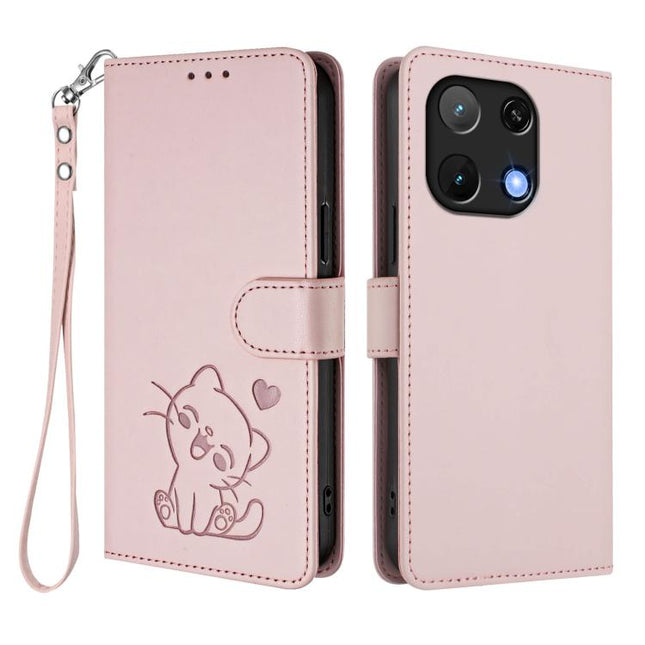 Embossed Heart Cat Leather Phone Case with Hand Strap, For Umidigi Note 90, For Umidigi A15 / A15C / A15T
