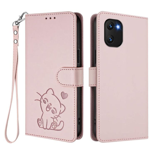 Embossed Heart Cat Leather Phone Case with Hand Strap, For Umidigi Power 7 / 7S, For Umidigi Power 7 Max