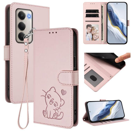 Embossed Heart Cat Leather Phone Case with Hand Strap, For Redmi 15 5G Global / 15 4G SEA 169.5mm, For Redmi 15 5G / 4G EU 171mm