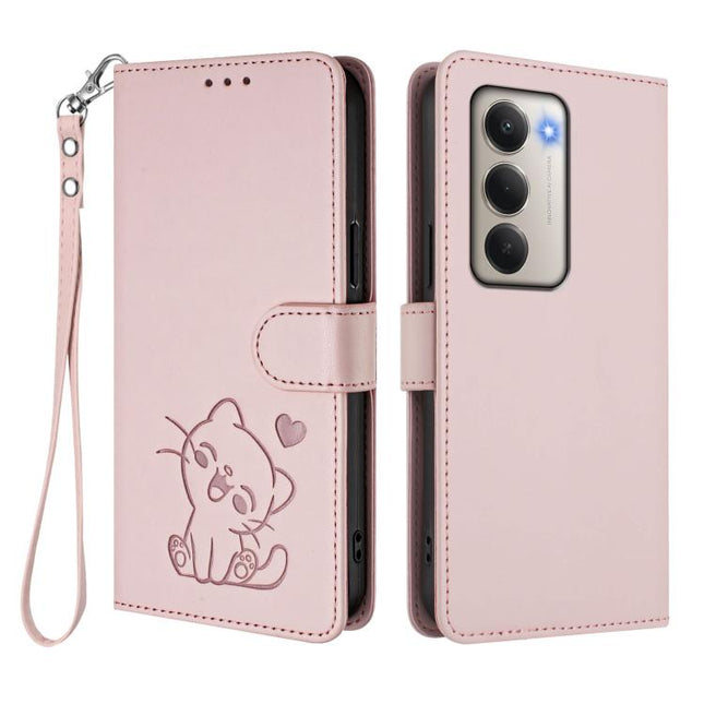 Embossed Heart Cat Leather Phone Case with Hand Strap, For Redmi 15 5G Global / 15 4G SEA 169.5mm, For Redmi 15 5G / 4G EU 171mm