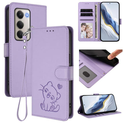 Embossed Heart Cat Leather Phone Case with Hand Strap, For Redmi 15 5G Global / 15 4G SEA 169.5mm, For Redmi 15 5G / 4G EU 171mm