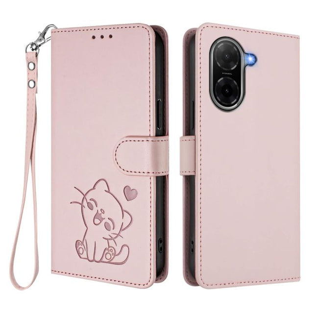 Embossed Heart Cat Leather Phone Case with Hand Strap, For Redmi A5 4G 173.3mm, For Redmi Note 14S 4G / 13 Pro 4G Global