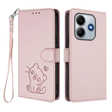 Embossed Heart Cat Leather Phone Case with Hand Strap, For Redmi Note 14 4G 164.84mm, For Redmi Note 14 Pro 5G India / Note 14 Pro+